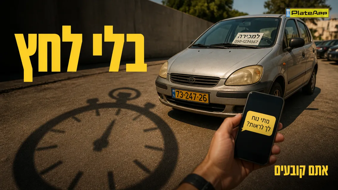 מכונית יד שנייה עם צל של סטופר ענק, מסמלת לחץ זמן בקנייה